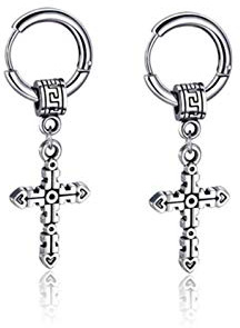 Argento Orecchini a Cerchio con Lunga Pendenti Croce Orecchino da Uomo Donna con Ciondolo di Croce Orecchini in Acciaio Inossidabile cerchi per donna cerchio con pendente croce Piercing Ipoallergenici