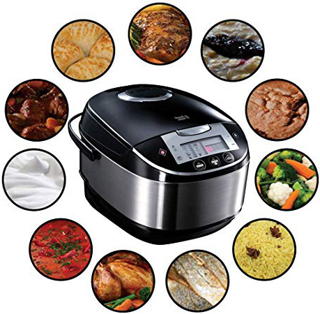 Russell Hobbs 21850-56 Multicooker Cook Home, 11 programmi di cottura, Accessori da cucina, Coperchio anticondensa, 5.0l, 900 Watt, Acciaio inossidabile / Nero